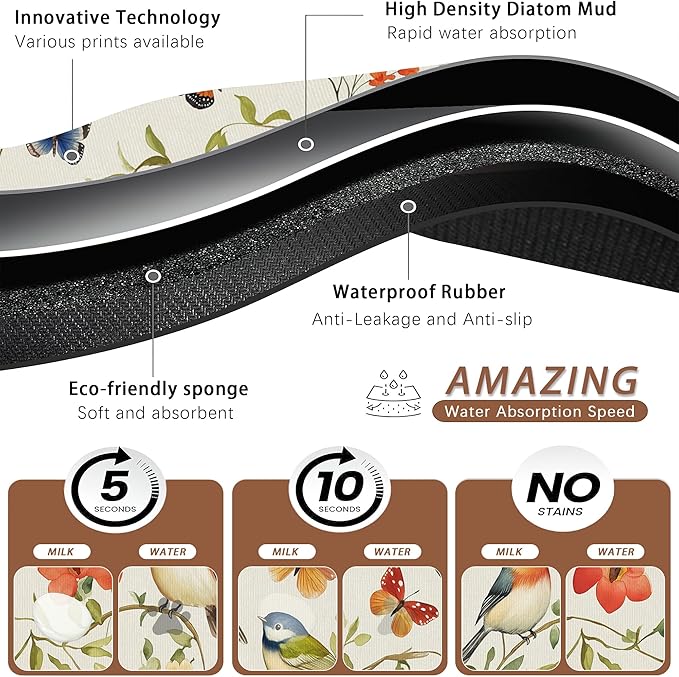 Butterfly Bird Dog Food Mat for Floors, Vintage Nature Absorbent Pet Food and - Image 3