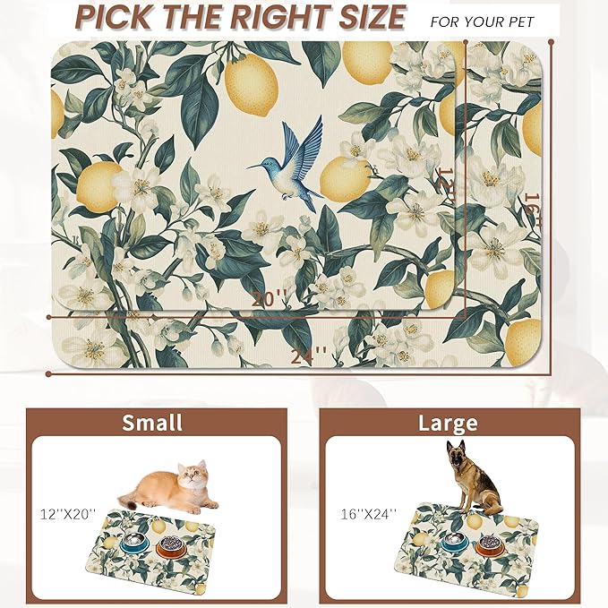 Hummingbird Dog Food Mat for Floors, Vintage Lemon Absorbent Quick-Dry Pet - Image 2