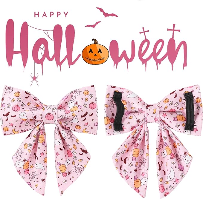 Halloween Dog Collar with Pink Floral Bowtie, Premium Cotton, Sturdy Metal - Image 3